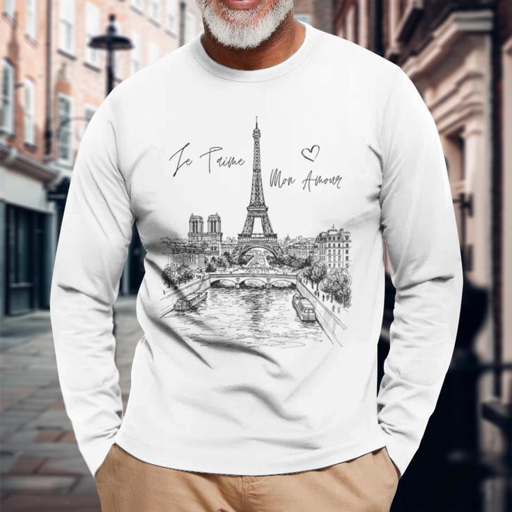 パリ エッフェル塔 スケッチ 街並み アート お土産 長袖Tシャツ 高齢者への贈り物