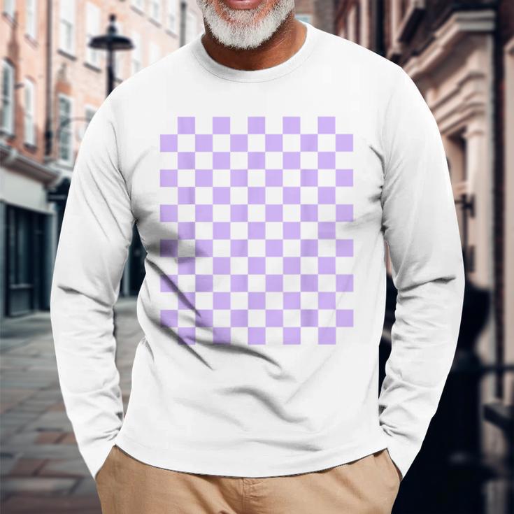 パープルラベンダーチェッカーボード 長袖Tシャツ 高齢者への贈り物