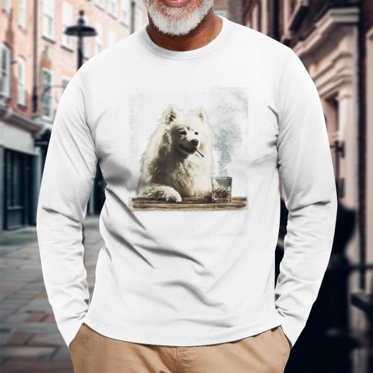 ビンテージ 喫煙 アメリカン エスキモー面白犬 父の日 長袖Tシャツ 高齢者への贈り物