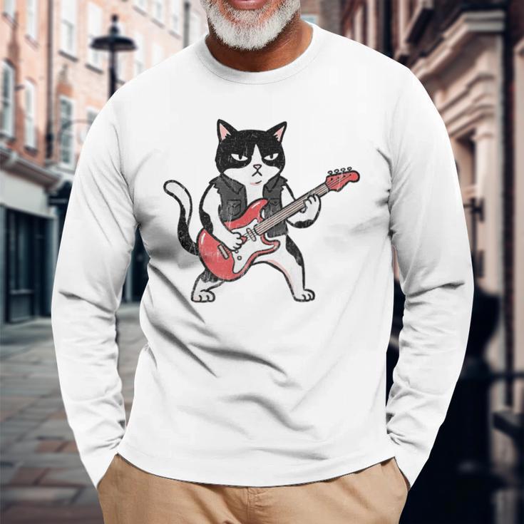 ベースギターを弾く 面白い ロック猫 バンド ミュージシャン ベーシスト 動物 長袖Tシャツ 高齢者への贈り物