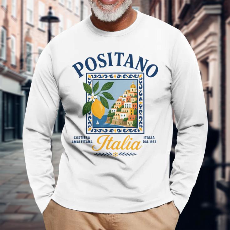 ポジターノ イタリア アマルフィ海岸 レトロ レモン 夏 バイブ グラフィック 長袖Tシャツ 高齢者への贈り物