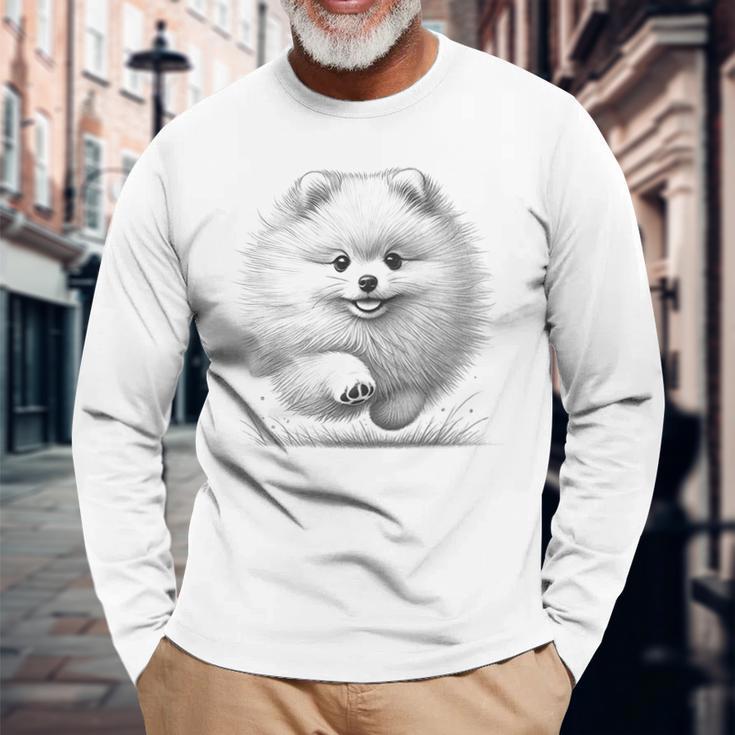 ポメラニアンポンポン犬のランニングデザインのアイデア 長袖Tシャツ 高齢者への贈り物