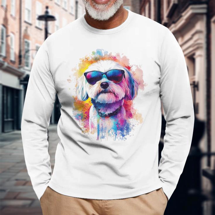マルチーズ 犬 グラフィック ペット アートワーク サングラス マルチーズ 長袖Tシャツ 高齢者への贈り物