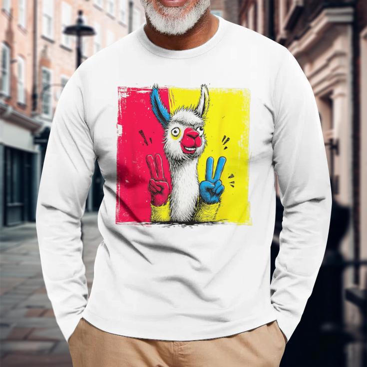 ラマ ダブルピース レトロ ポップ キャラクター グラフィック サイン ジェスチャー 長袖Tシャツ 高齢者への贈り物