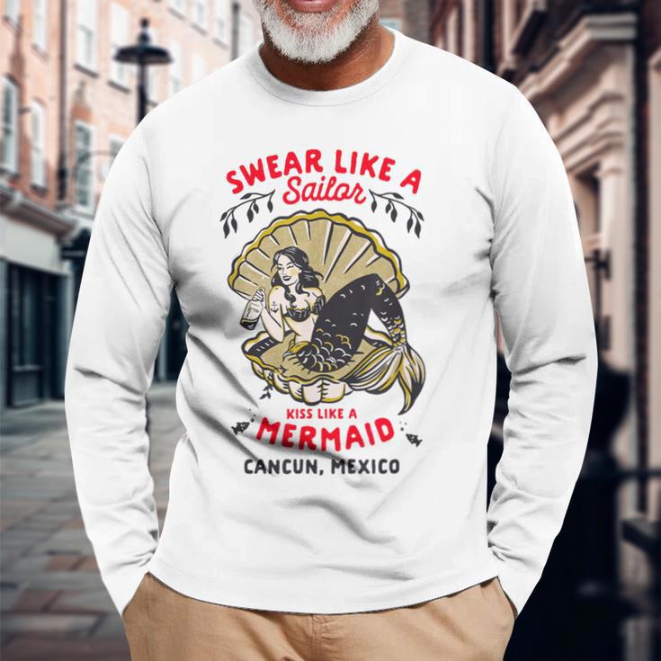 レトロカンクン メキシコ おもしろパーティー ピンナップ マーメイド カレッジブレイク 長袖Tシャツ 高齢者への贈り物
