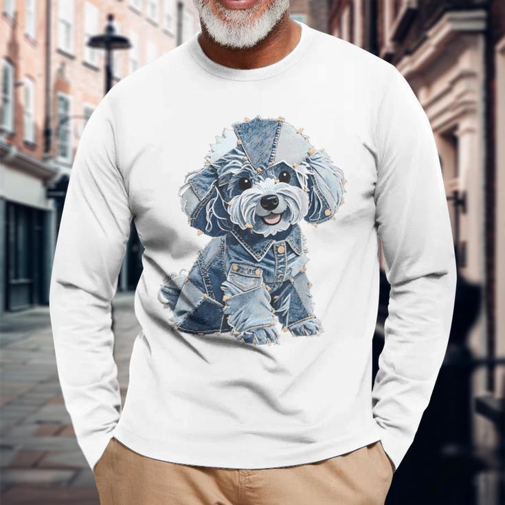 レトロデニムパッチプードル ドッグアート 芸術的 長袖Tシャツ 高齢者への贈り物