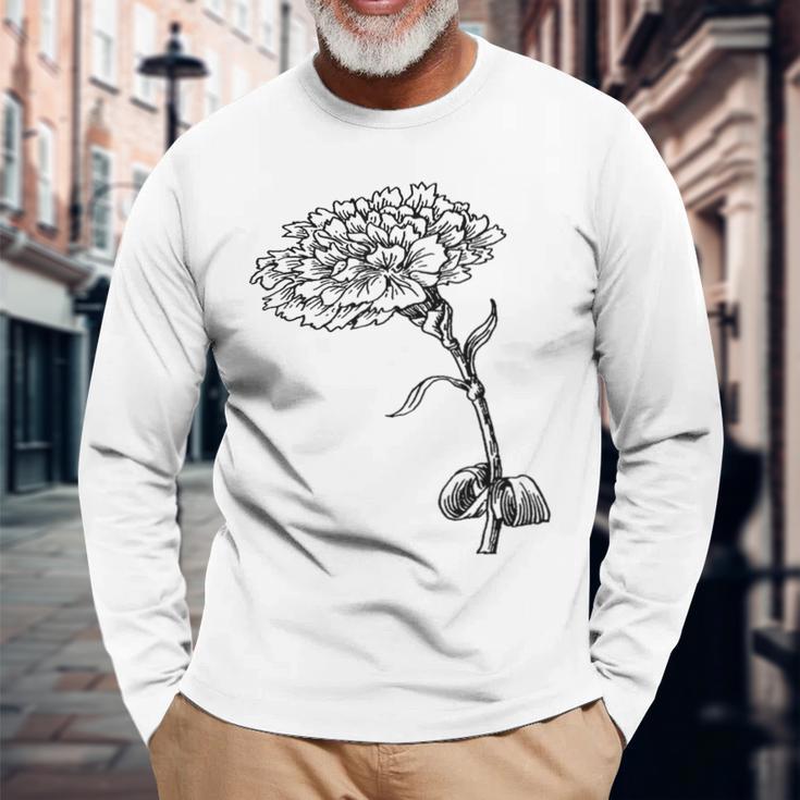 ヴィンテージ カーネーション ボタニカル ライン アート イラスト 黒インク 長袖Tシャツ 高齢者への贈り物