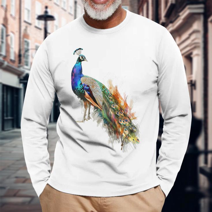 孔雀 動物 カラフル モチーフ 抽象画 孔雀 長袖Tシャツ 高齢者への贈り物
