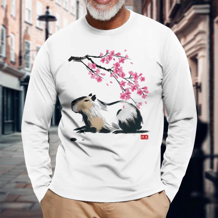 日本のカピバラ・桜美的カピバラ 長袖Tシャツ 高齢者への贈り物