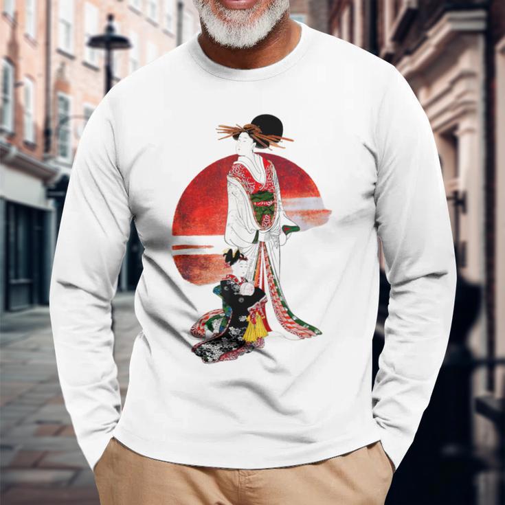 日本の伝統美術、華麗な芸者、浮世絵風 長袖Tシャツ 高齢者への贈り物