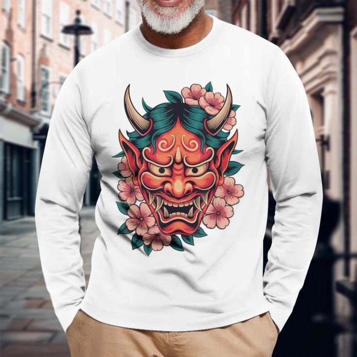 日本の鬼妖怪 悪魔 桜 般若鬼 おに面 長袖Tシャツ 高齢者への贈り物