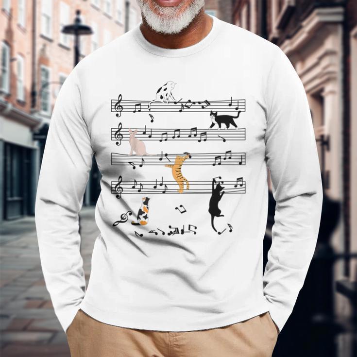 楽しい 猫 登る トランプ 楽譜 猫の音符 長袖Tシャツ 高齢者への贈り物