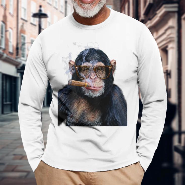 煙草を吸うチンパンジー たばこ 長袖Tシャツ 高齢者への贈り物
