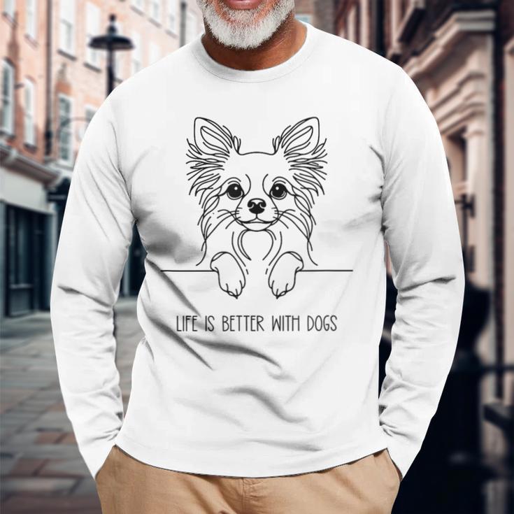 犬と一緒なら人生はもっと良くなる チワワ ラインアート ロングコートチワワ タイプ1 長袖Tシャツ 高齢者への贈り物