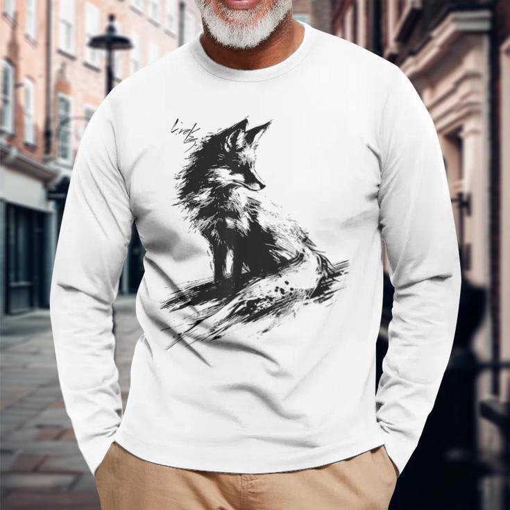 狐 アニマル柄 モチーフ 抽象 イラスト 絵画 狐 長袖Tシャツ 高齢者への贈り物