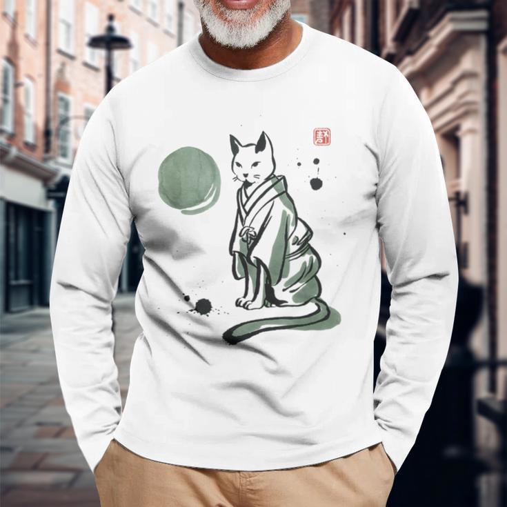 猫 和 着物 日本 伝統 ママ パパ キッズ 長袖Tシャツ 高齢者への贈り物