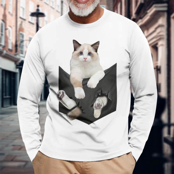 猫好き ラグドール 猫 ポケット入り 長袖Tシャツ 高齢者への贈り物