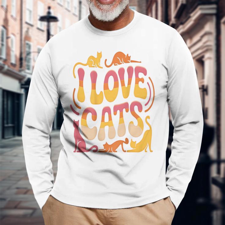 バックプリント 猫好き 引用 おもしろ猫 ミーム I Love Cats 長袖Tシャツ 高齢者への贈り物