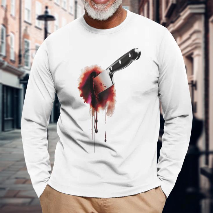 血まみれのナイフ シャツ ハロウィン ホラー 血しぶき 長袖Tシャツ 高齢者への贈り物