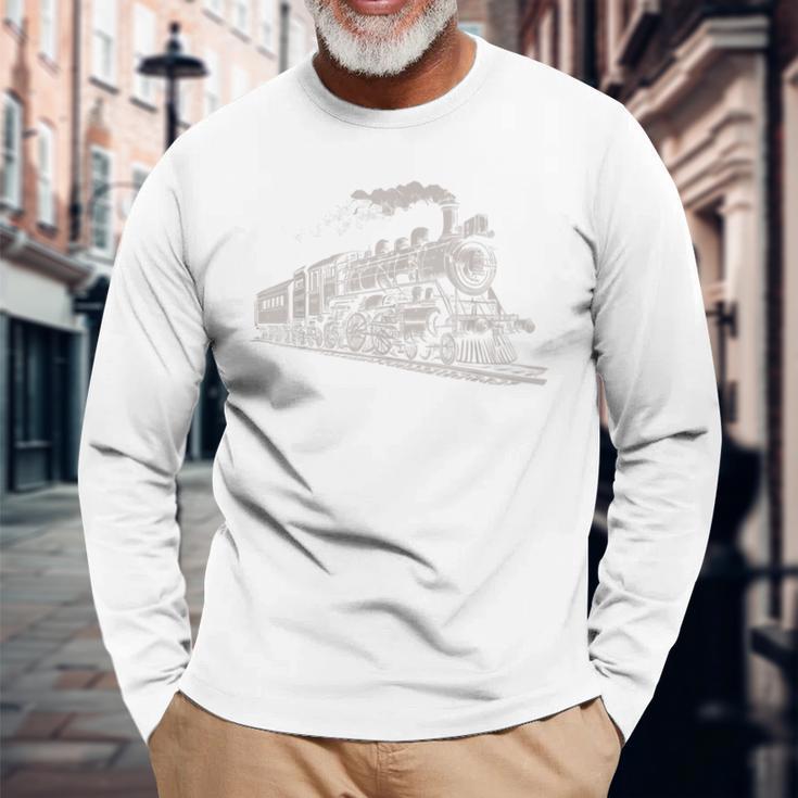 電車 ヴィンテージ グラフィック デザイン スケッチ レトロ 蒸気機関車 長袖Tシャツ 高齢者への贈り物