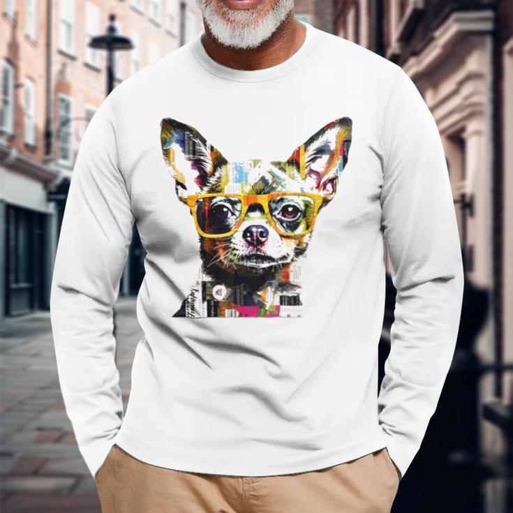 黄色のメガネを着たチワワ 明るい色 長袖Tシャツ 高齢者への贈り物