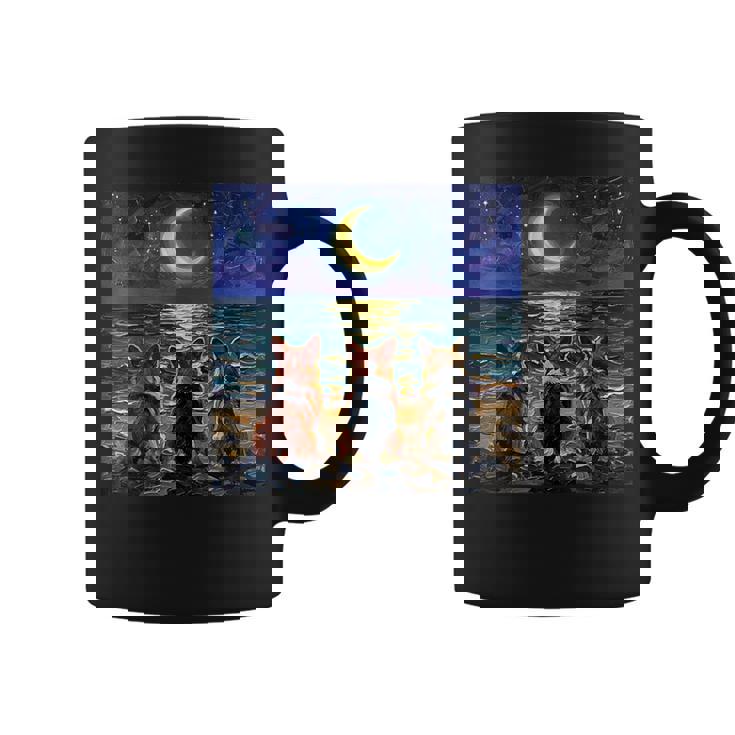 3 コーギーの夜のビーチかわいい犬と三日月のアートワーク コーヒーマグ