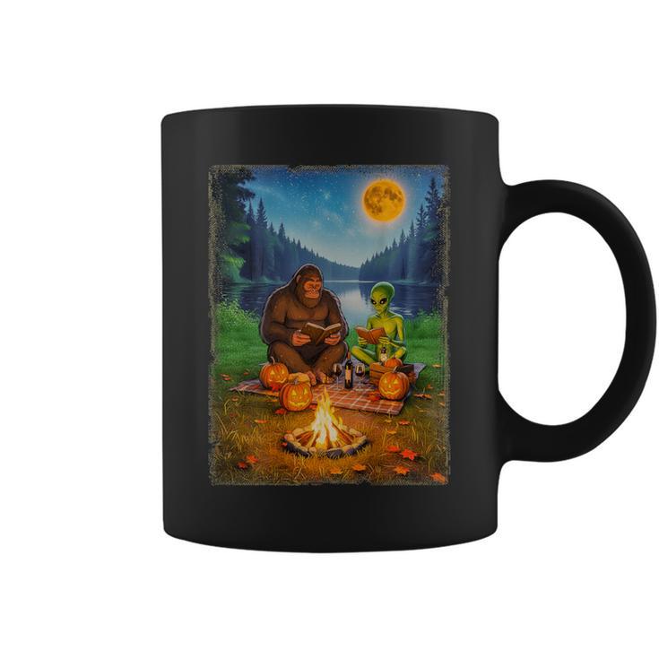Bigfoot And Alien Reading Books Campfire Halloween Graphic Print Coffee Mug