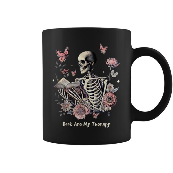 Book Are My Therapy Skeleton Book Reading Floral Butterfly Graphic Print Coffee Mug