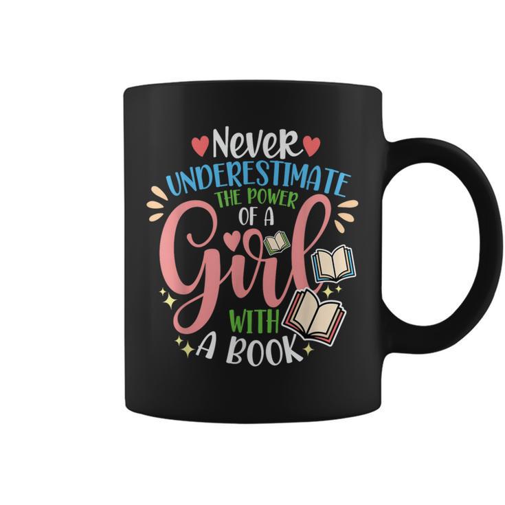 Book Reader Reading Literature Bookworm Idea Never Underestimate The Power Of A Girl With A Book Women's Short Sleeve Cotton 60 Polyester 40 Classic Fit Crew Neck Small Graphic Print Coffee Mug