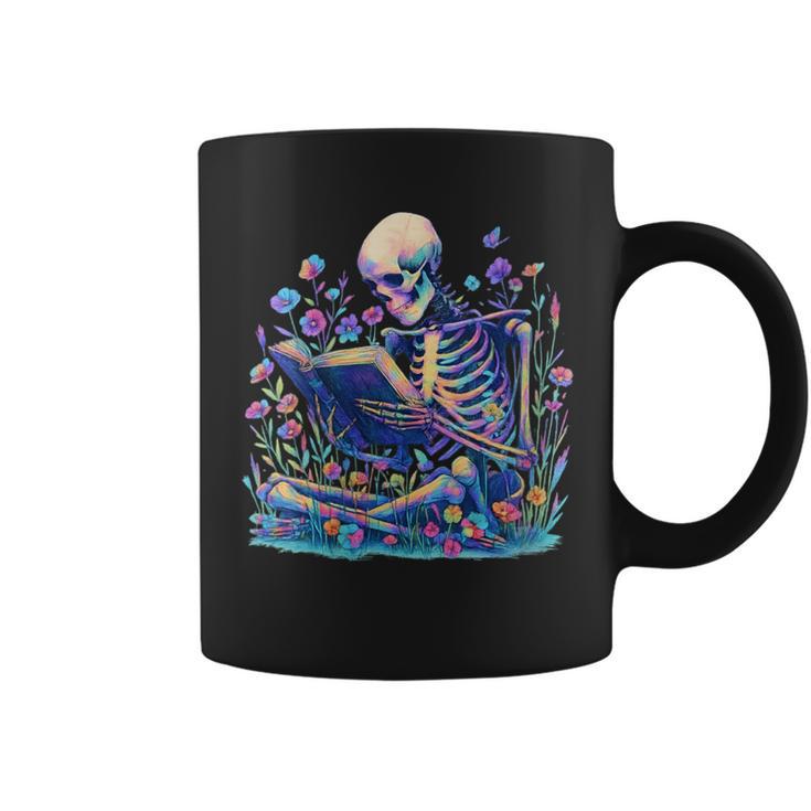 Bookish Skeleton Reading In Wildflowers Book Lover Bookworm Graphic Print Coffee Mug