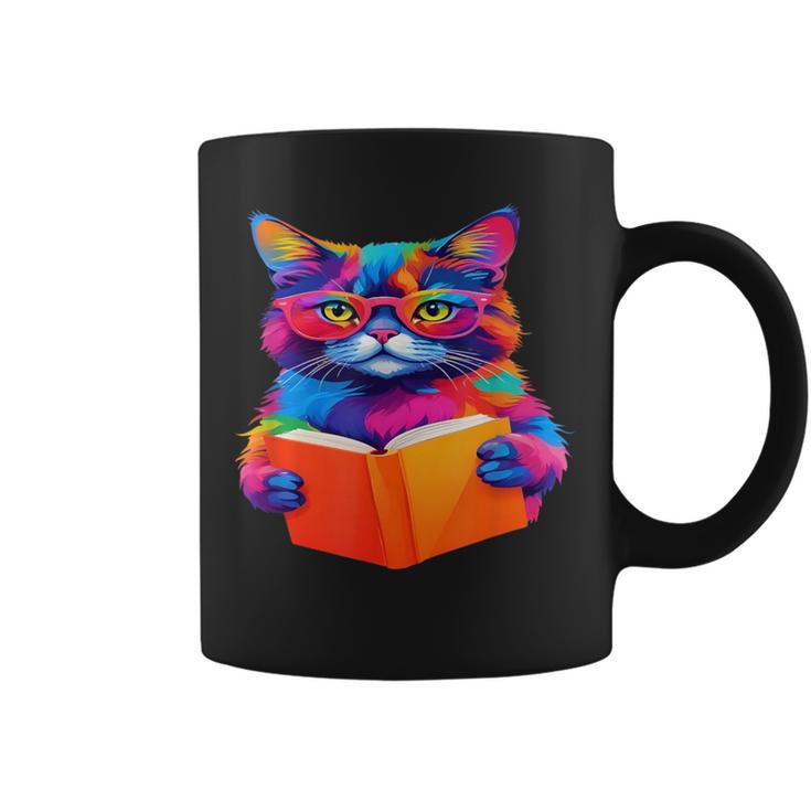 Cat Book Shirt Colorful Cat Reading Book Graphic Print Coffee Mug