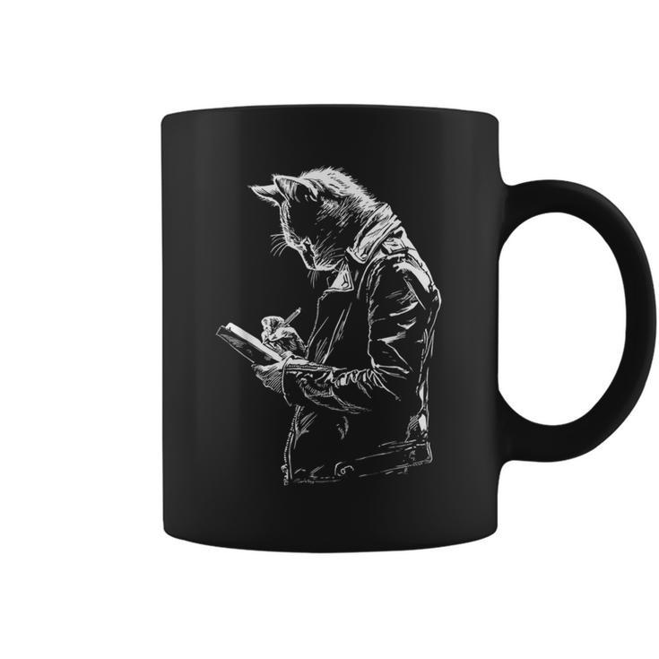 Cat Holds Book Writing Animal Print Motif Drawing Art Cat Graphic Print Coffee Mug