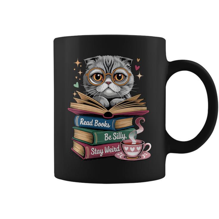 Cat Read Books Be Kind Stay Weird Library Book Lover Graphic Print Coffee Mug