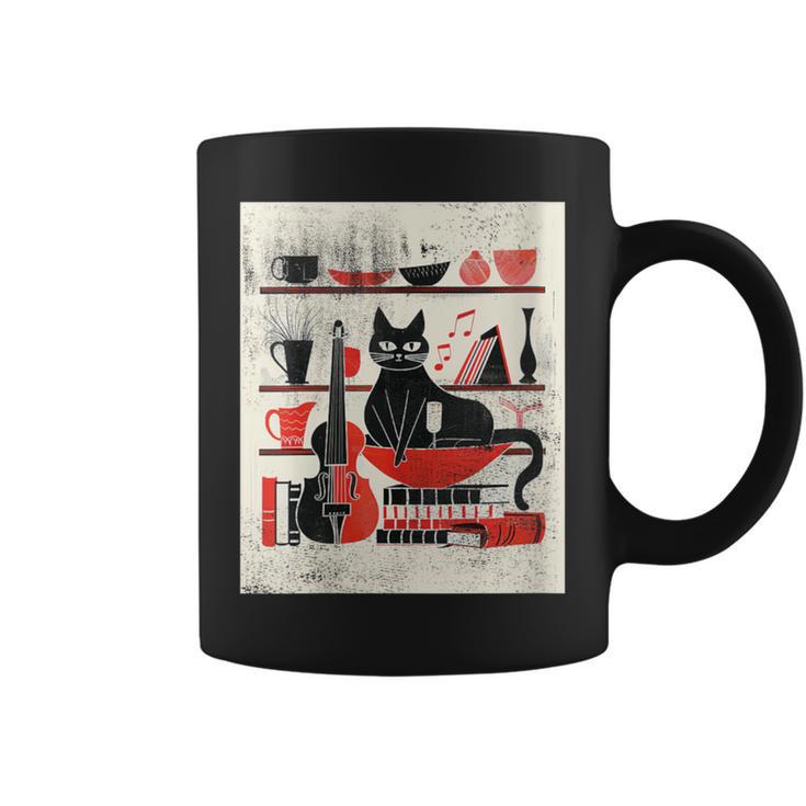 Cats Music Books Lover Essentials Red Retro Silkscreen Graphic Print Coffee Mug
