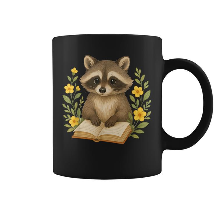 Cute Raccoon Reading Book Flowers Floral Graphic Print Coffee Mug