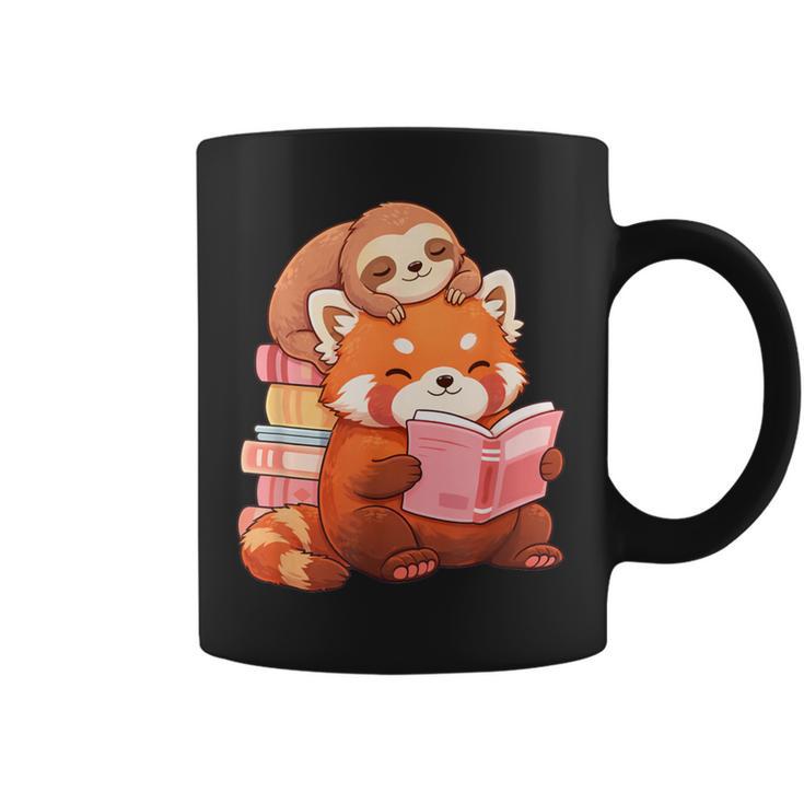 Cute Red Panda Reading Book Sloth Kawaii Animal Graphic Print Coffee Mug