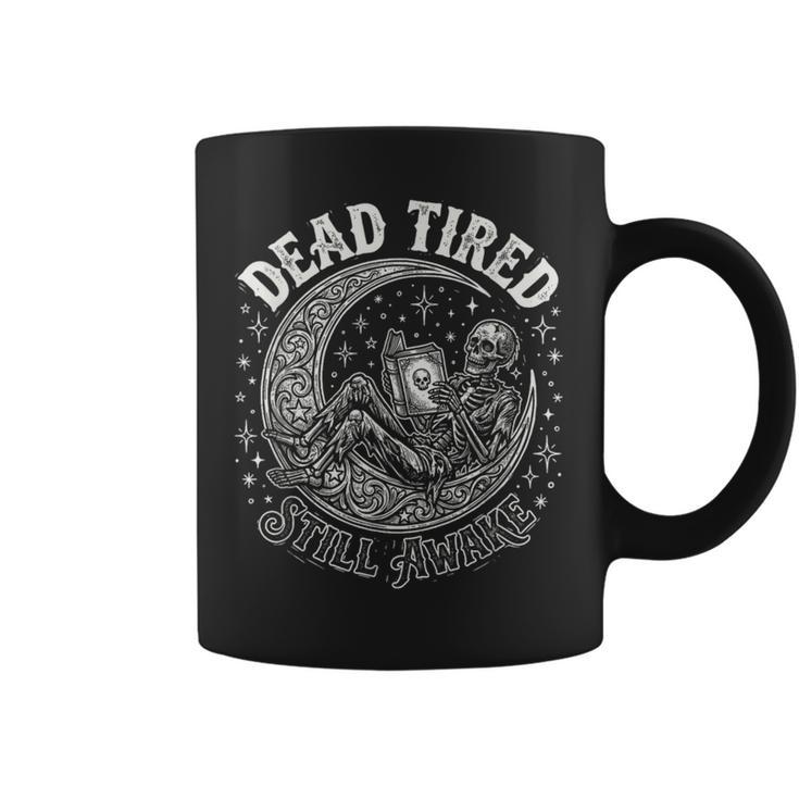 Dead Tired Still Awake Skeleton Moon Reading Graphic Print Coffee Mug