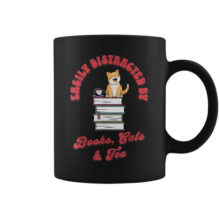 Easily Distracted By Books Cats Tea Book Lovers Librarians Graphic Print Coffee Mug