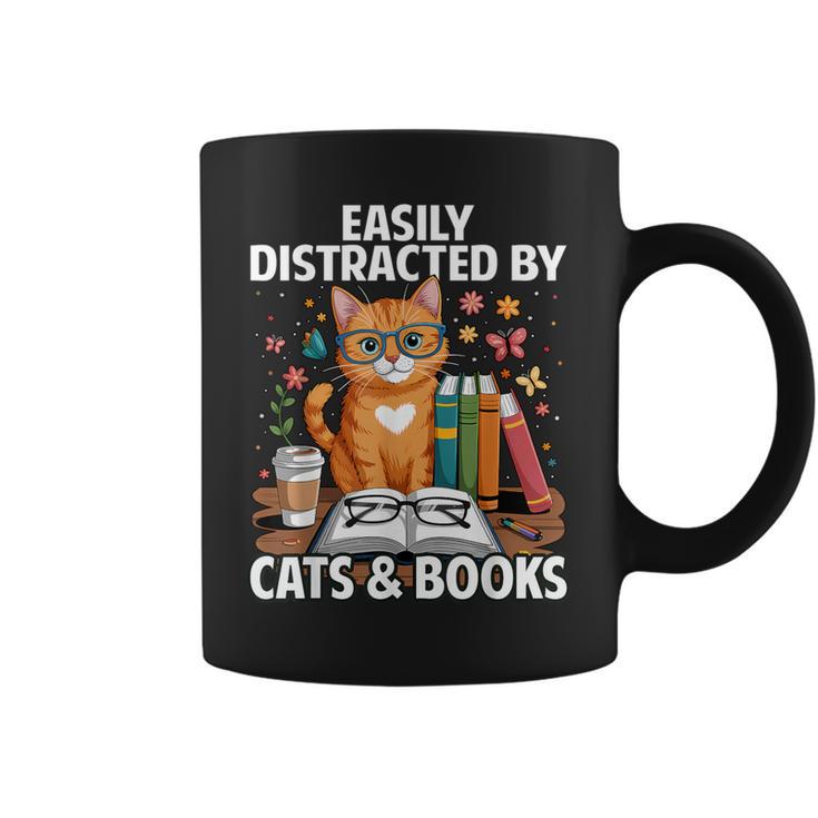 Easily Distracted By Cats And Books Book Lover Cat Graphic Print Coffee Mug
