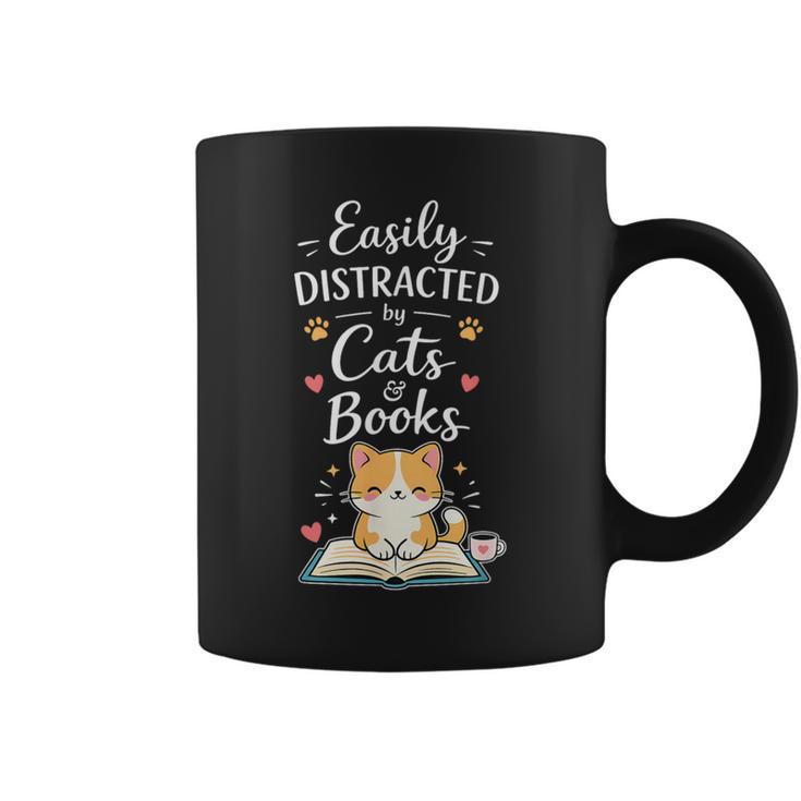 Easily Distracted By Cats And Books Cat & Book Lover Graphic Print Coffee Mug