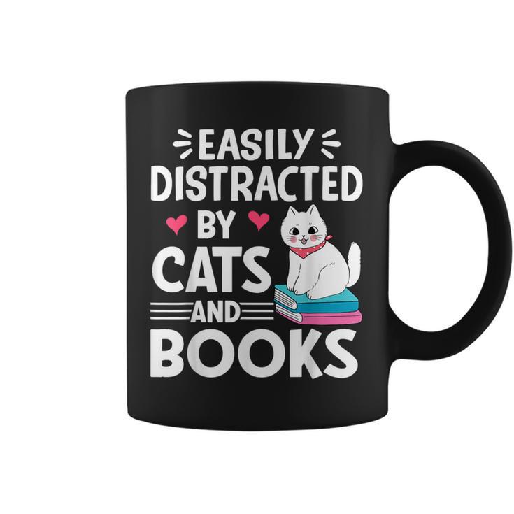 Easily Distracted By Cats And Books Cute Cat And Book Lovers Graphic Print Coffee Mug