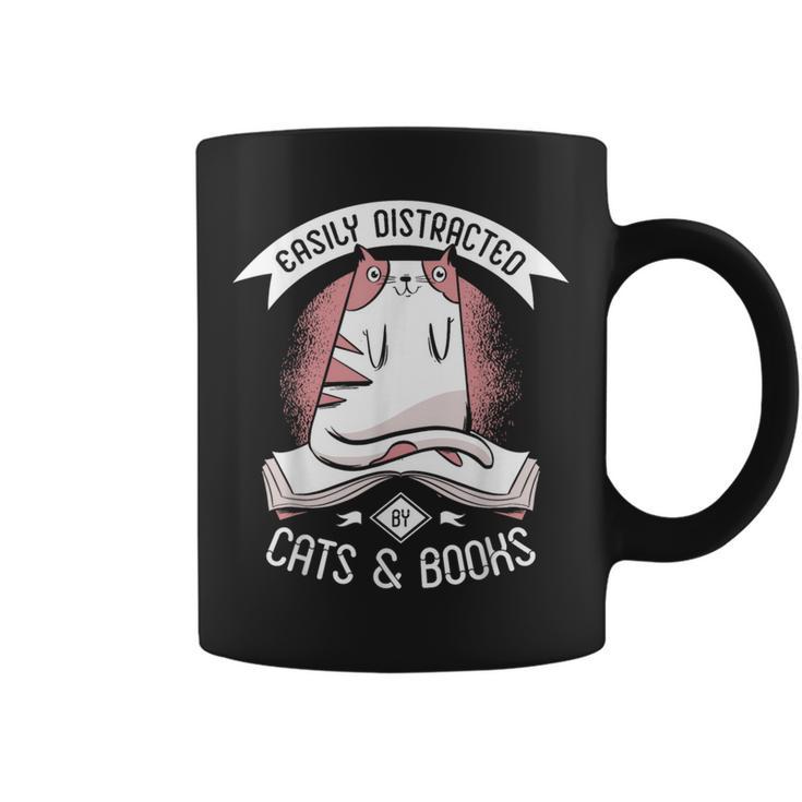 Easily Distracted By Cats And Books Men Cat Book Lover Graphic Print Coffee Mug