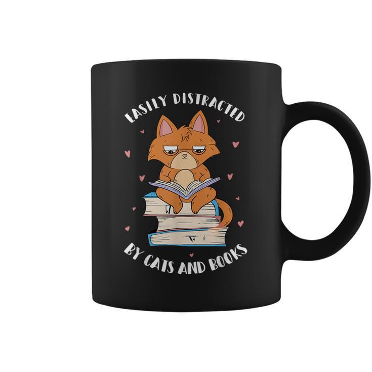 Easily Distracted By Cats And Books Shirts Book Lover Graphic Print Coffee Mug