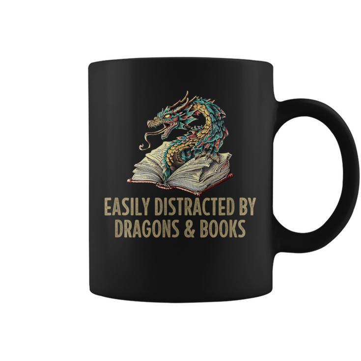 Easily Distracted By Dragons & Books Vintage Style Graphic Print Coffee Mug