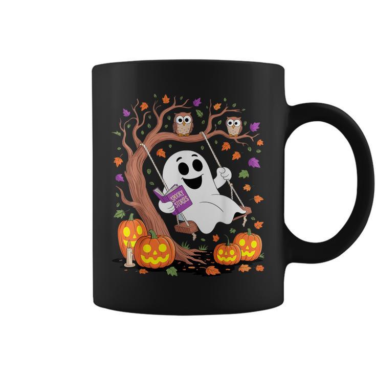 Ghost Reading Book On Swing Halloween Autumn Art Graphic Print Coffee Mug