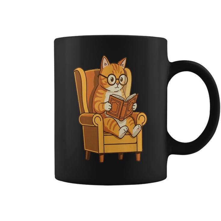 Ginger Tabby Cat Reading Book Glasses Retro Illustration Graphic Print Coffee Mug