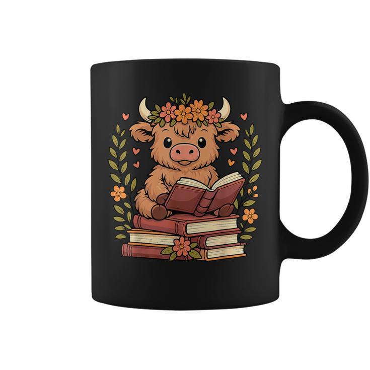 Highland Cow Reading Book Graphic Cow With Book Floral Graphic Print Coffee Mug