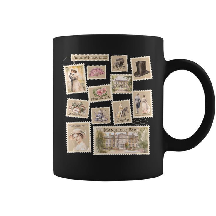 Jane Austen Book Classic Literature Stamp Collage Graphic Print Coffee Mug