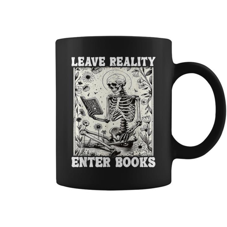 Leave Reality Enter Books Skeleton Reading Book Graphic Print Coffee Mug