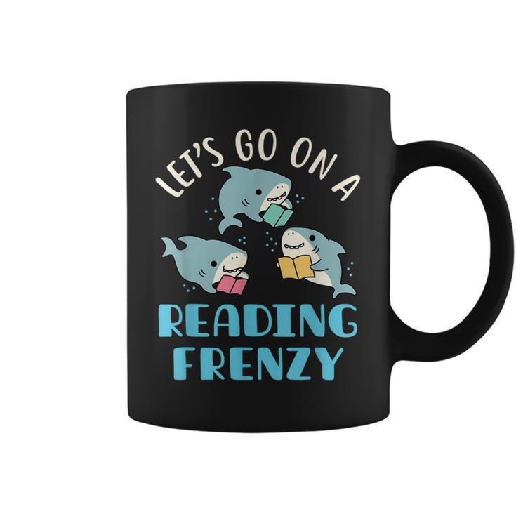 Let's Go On a Reading Frenzy Sharks With Books Teacher Graphic Print Coffee Mug